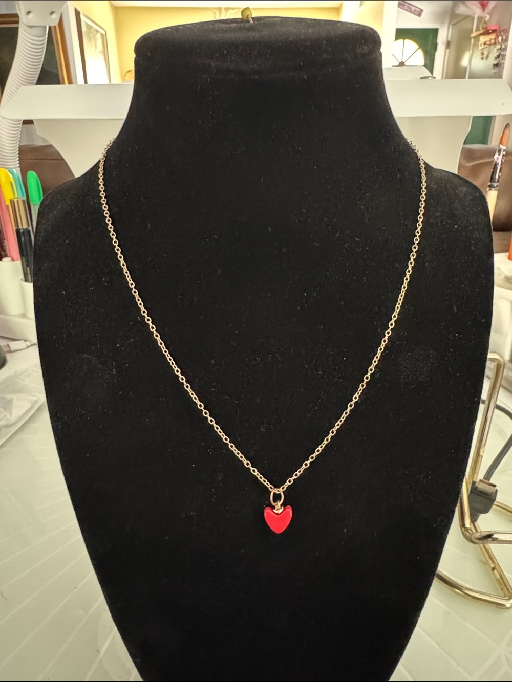 Gold plated Chain Necklace with Red Heart Pendant - Women Jewelry